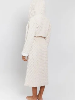 Badjassen|Loungeable - - Geometrische luxe fleece maxi-badjas met capuchon Crème