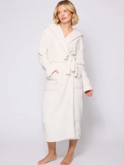 Badjassen*Loungeable Crème - Christmas Ribbon Trim Luxury Fleece Hooded Maxi Robe
