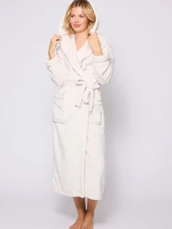 Badjassen*Loungeable Crème - Christmas Ribbon Trim Luxury Fleece Hooded Maxi Robe