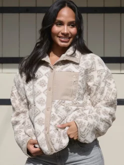 Hoody's En Sweatshirts|South Beach - Print Oversized Borg Zip Jacket With Pocket Crème