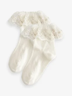 Sokken En Panty's|Next - Verpakking van 2 paar katoenrijke enkelsokken met ruches voor bloemenmeisjes Crème