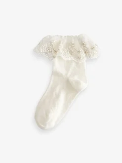 Sokken En Panty's|Next - Verpakking van 2 paar katoenrijke enkelsokken met ruches voor bloemenmeisjes Crème