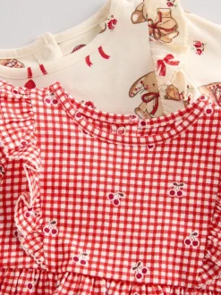 Jurken|Jurken|Next Crème beer/ rode kersen geruit - Verpakking van 2 jersey babyjurkjes (0 mnd-2 jr)