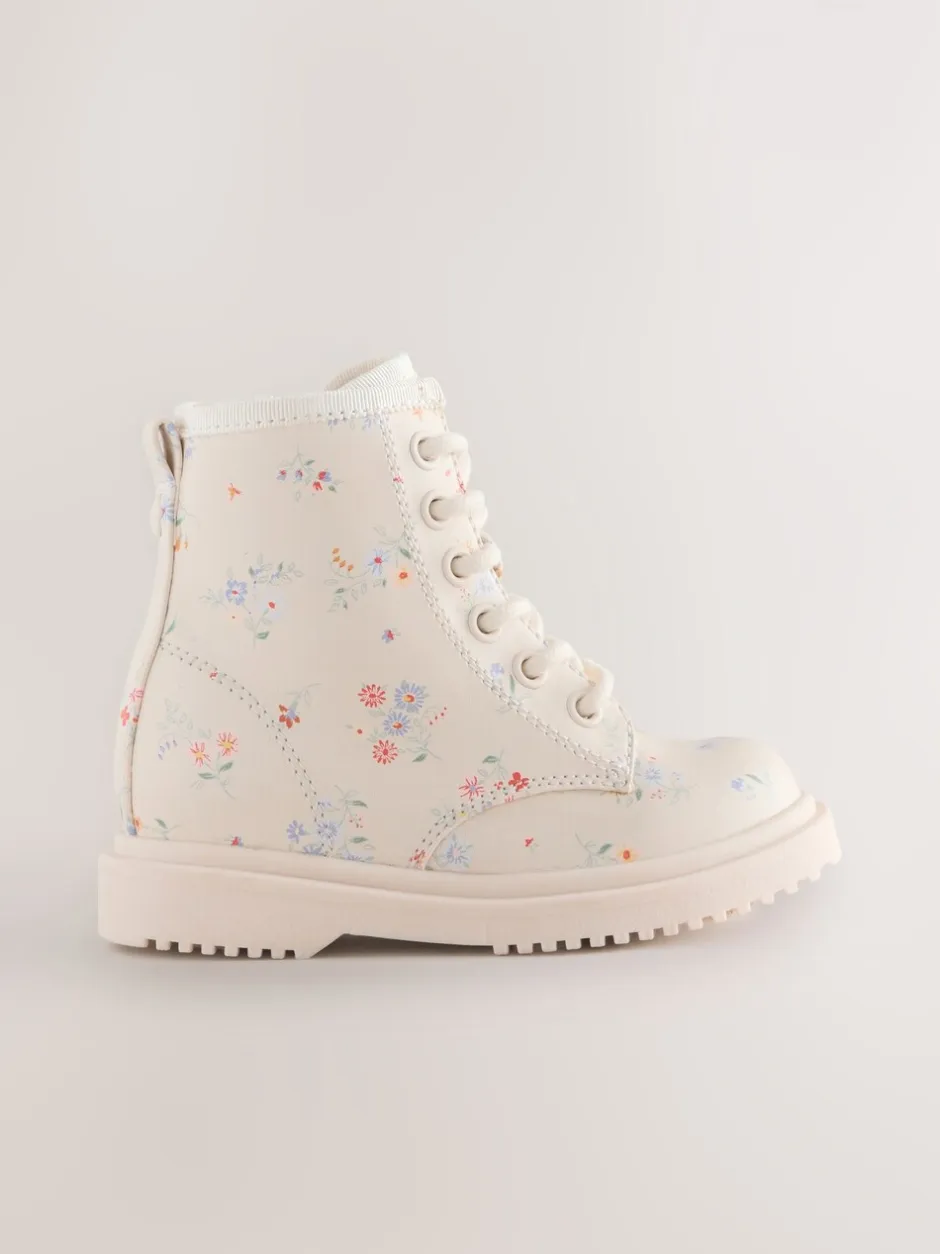 Boots*Next - Enkellaarzen met vetersluiting Crème gebloemd