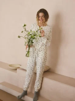 Pyjama's|Loungewear*Next Crème gebloemd - Gezellige pyjama met wafeldessin en lange mouwen