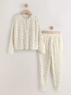 Pyjama's|Loungewear*Next Crème gebloemd - Gezellige pyjama met wafeldessin en lange mouwen