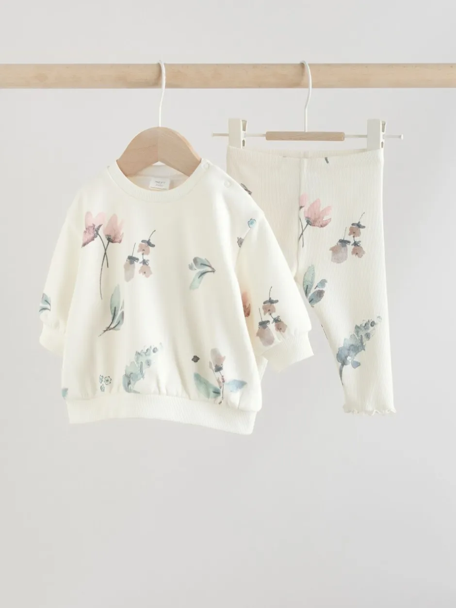 Sets En Combisets|Truien En Breisels|Next - Set van 2 -delige Baby Sweater en Joggingbroeken (0mnd -2jr) Crème gebloemd