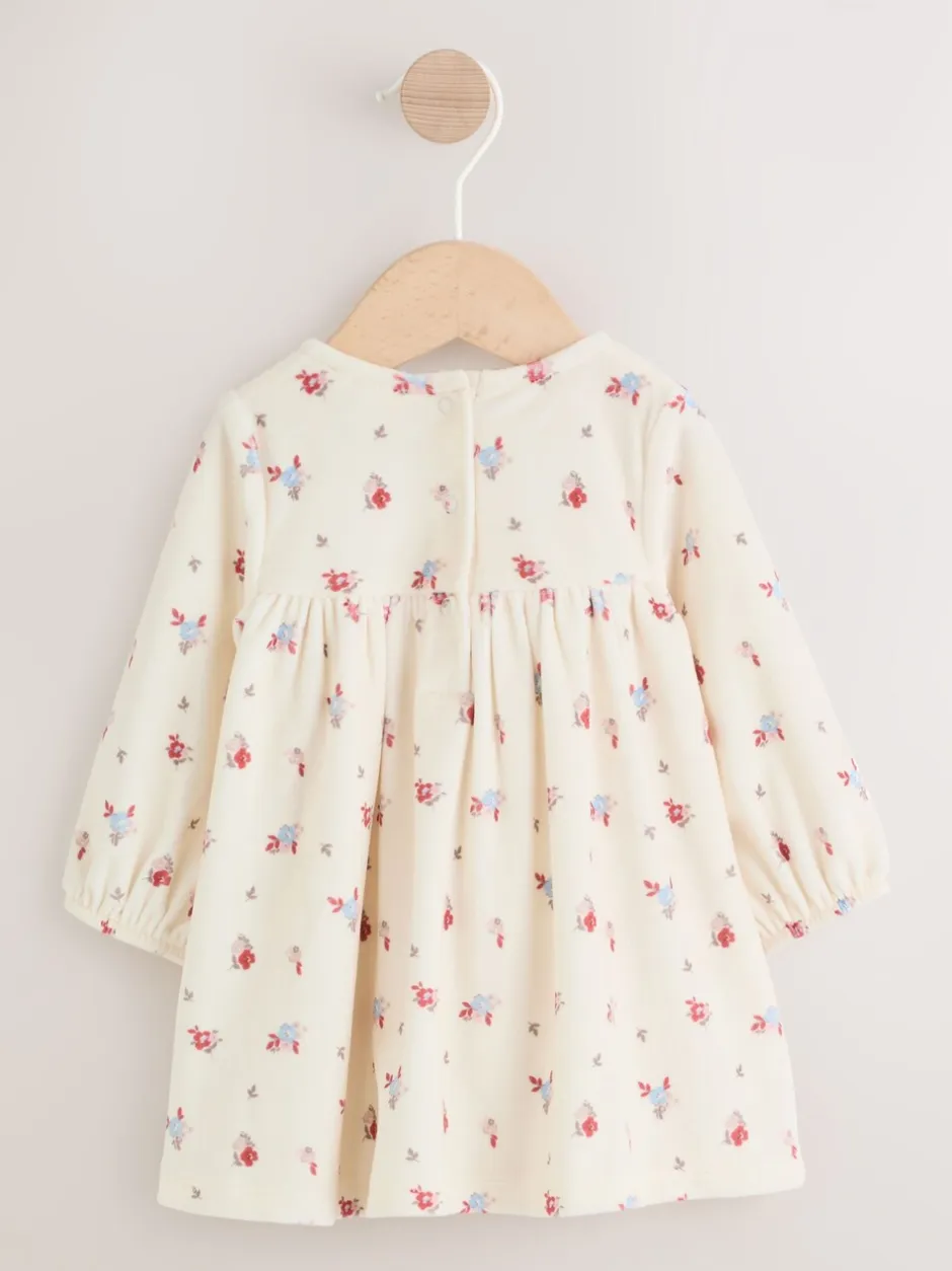 Jurken|Next - 2 -delige Baby Set van velours Jurk met Lange mouwen en Panty''s (0mnd-2jr) Crème met bloemetjesprint