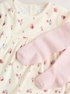 Jurken|Next - 2 -delige Baby Set van velours Jurk met Lange mouwen en Panty''s (0mnd-2jr) Crème met bloemetjesprint