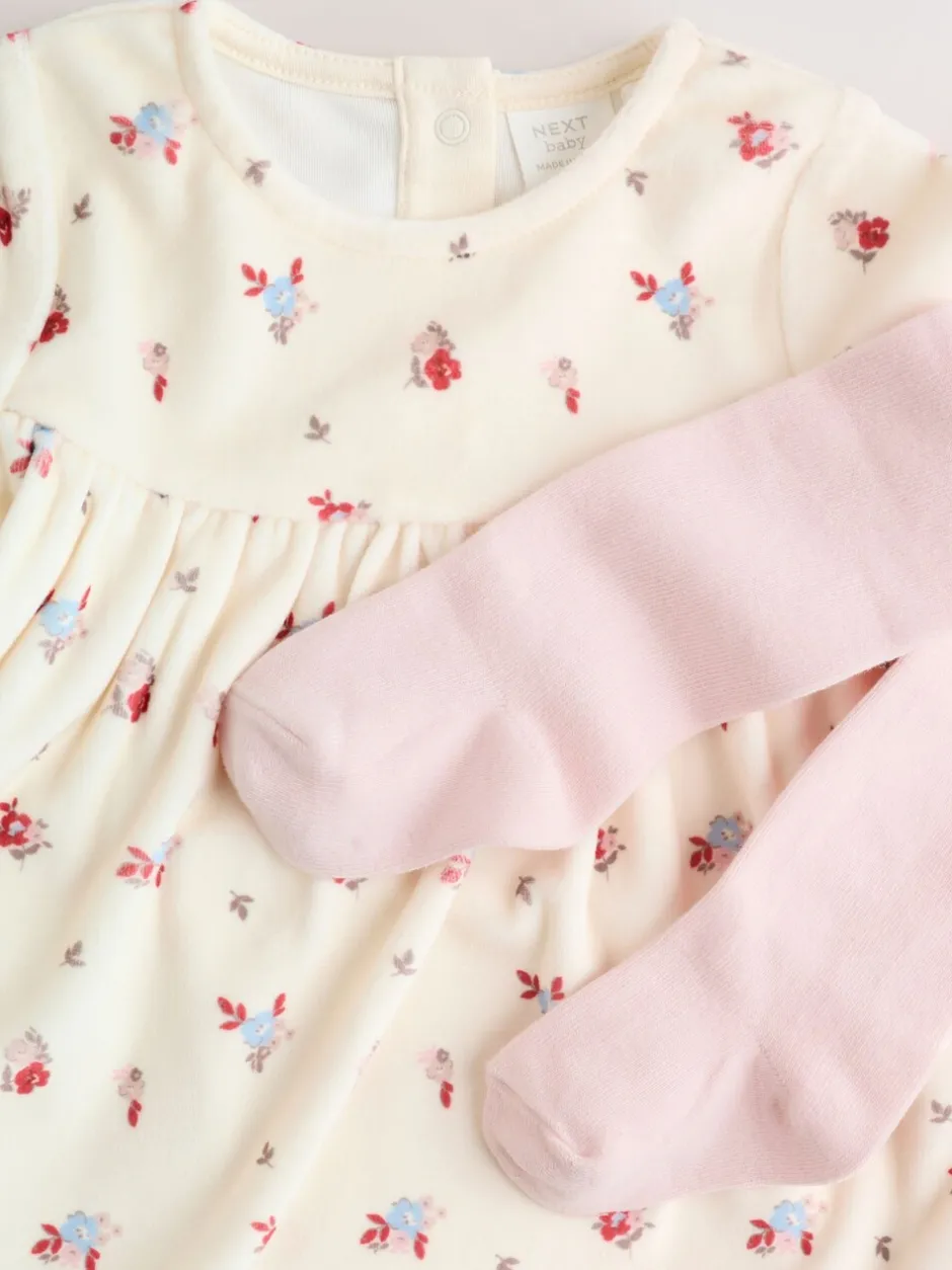 Jurken|Next - 2 -delige Baby Set van velours Jurk met Lange mouwen en Panty''s (0mnd-2jr) Crème met bloemetjesprint
