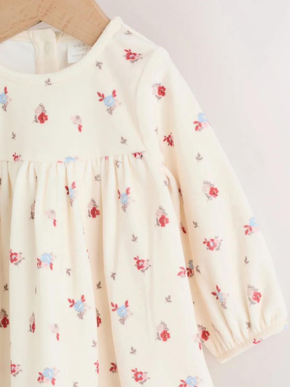 Jurken|Next - 2 -delige Baby Set van velours Jurk met Lange mouwen en Panty''s (0mnd-2jr) Crème met bloemetjesprint