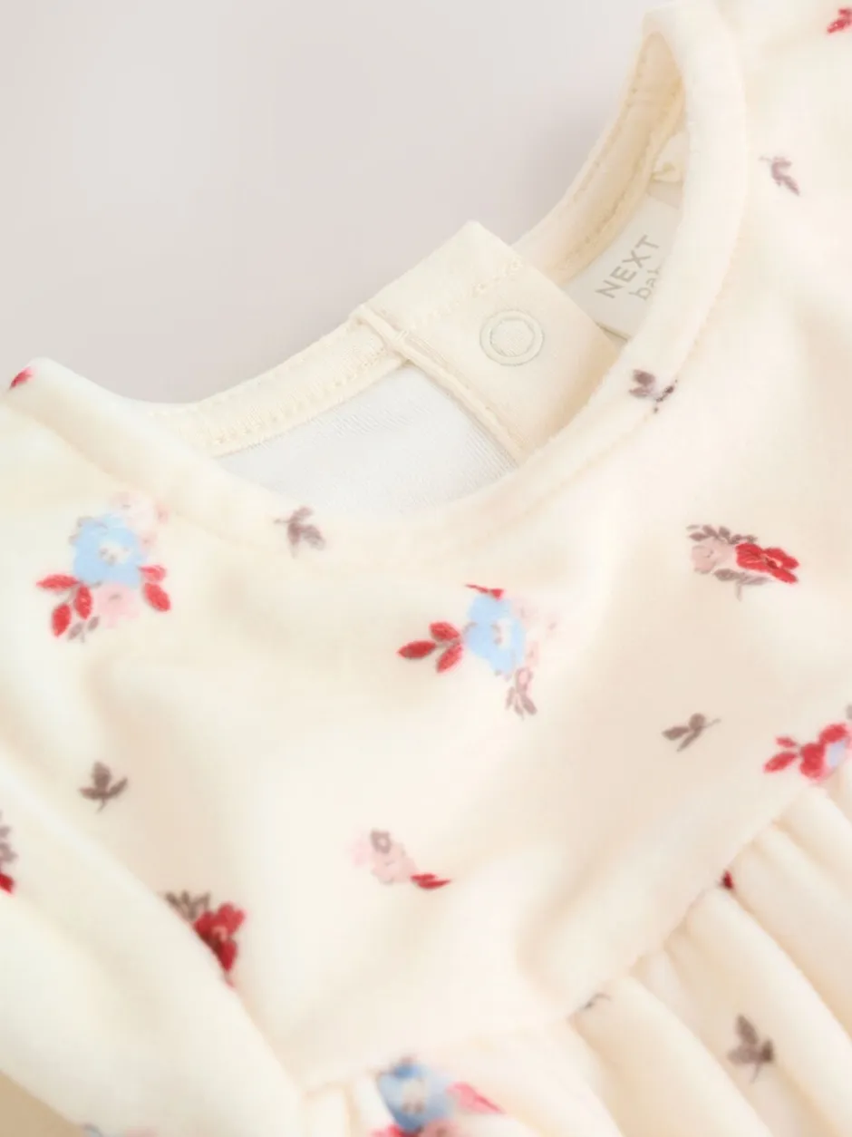 Jurken|Next - 2 -delige Baby Set van velours Jurk met Lange mouwen en Panty''s (0mnd-2jr) Crème met bloemetjesprint
