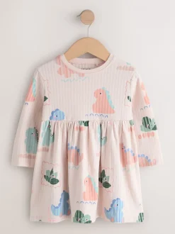 Jurken|Jurken|Next - Jersey jurk met lange mouwen (3 mnd-7 jr) Crème met dinosaurussen