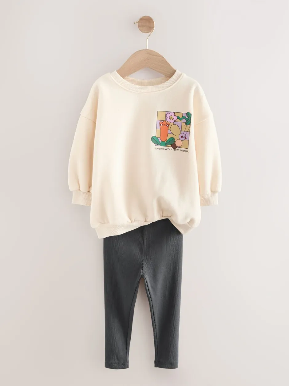 Truien En Breisels|Sets En Outfits*Next Crème Regenboog Grafische Print - Set met sweatshirt en legging (3 mnd-7 jr)