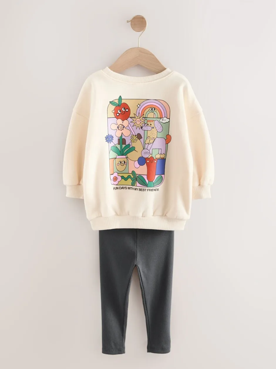 Truien En Breisels|Sets En Outfits*Next Crème Regenboog Grafische Print - Set met sweatshirt en legging (3 mnd-7 jr)