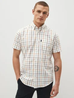 Shirts*Next Crème/blauw Tattersall-ruit - Strijvrij Oxford overhemd met korte mouwen en knopen