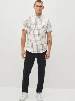 Shirts*Next Crème/blauw Tattersall-ruit - Strijvrij Oxford overhemd met korte mouwen en knopen