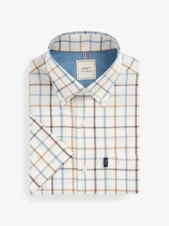 Shirts*Next Crème/blauw Tattersall-ruit - Strijvrij Oxford overhemd met korte mouwen en knopen