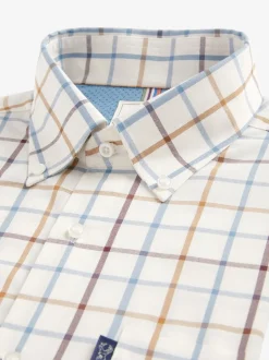 Shirts*Next Crème/blauw Tattersall-ruit - Strijvrij Oxford overhemd met korte mouwen en knopen