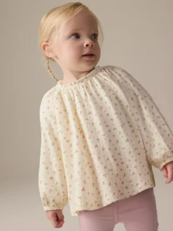 Overhemden En Blouses|Next - Blouse met lange mouwen en geplooide hals (3mnd-7jr) Crèmekleurige fijne bloemenprint