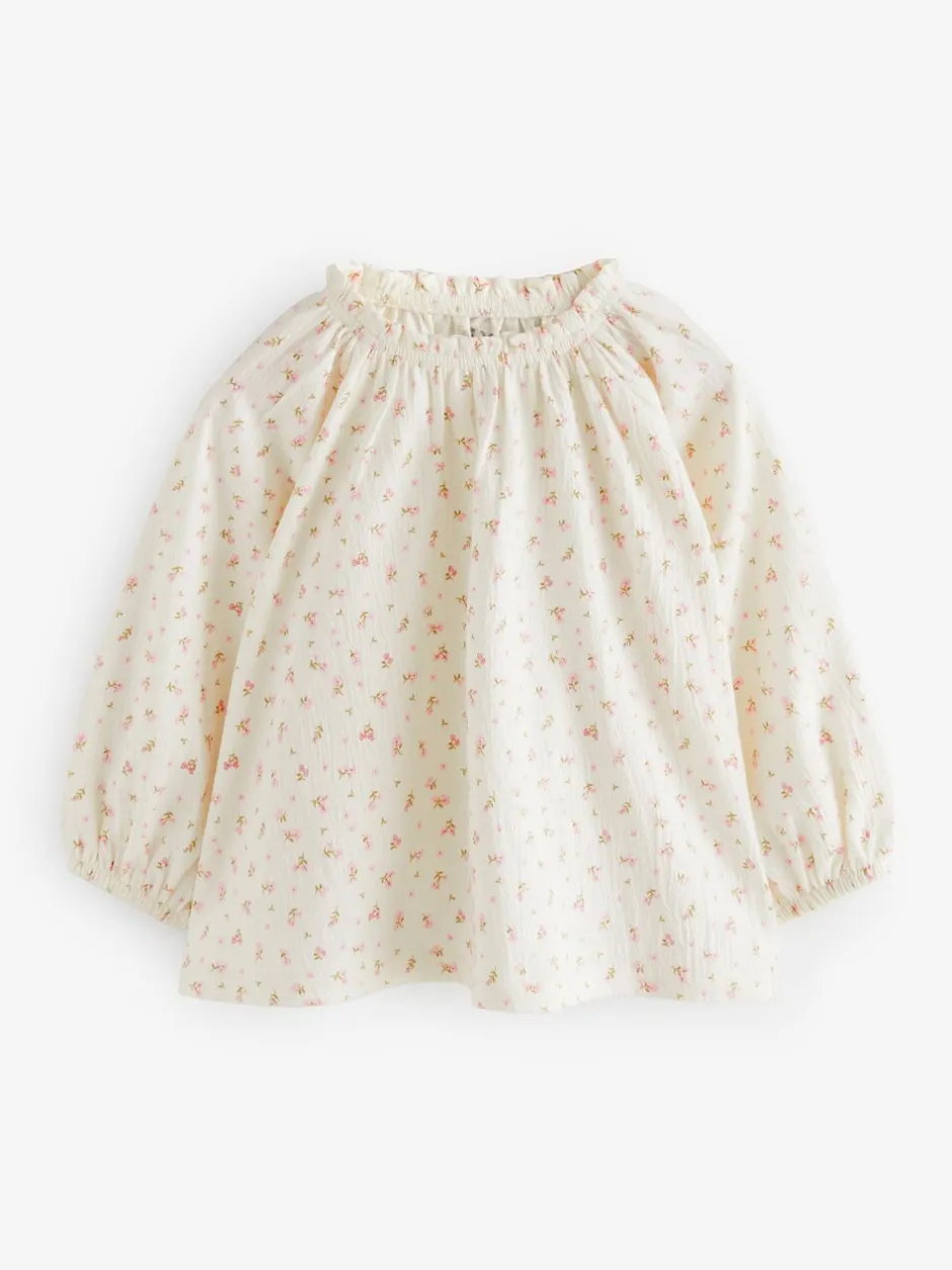 Overhemden En Blouses|Next - Blouse met lange mouwen en geplooide hals (3mnd-7jr) Crèmekleurige fijne bloemenprint