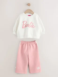 Sweaters En Hoody´S|Next Crèmekleurig/roze - Barbie Sweatshirt & Set van joggingbroek met wijde pijpen (3mnd -7jr)