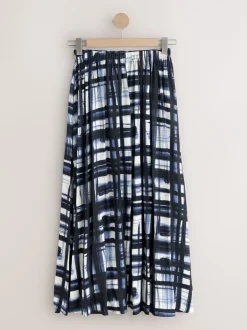 Rokken|Next - Satin Pleated Maxi Skirt Crème/marineblauw ruit