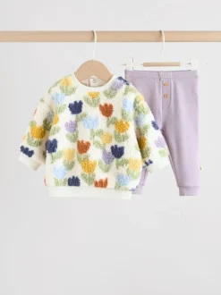 Sets En Combisets|Truien En Breisels|Next - 2 -delige Set van Fleece Tops en Leggings voor Baby''s (0mnd-2jr) Crème/paarse tulp