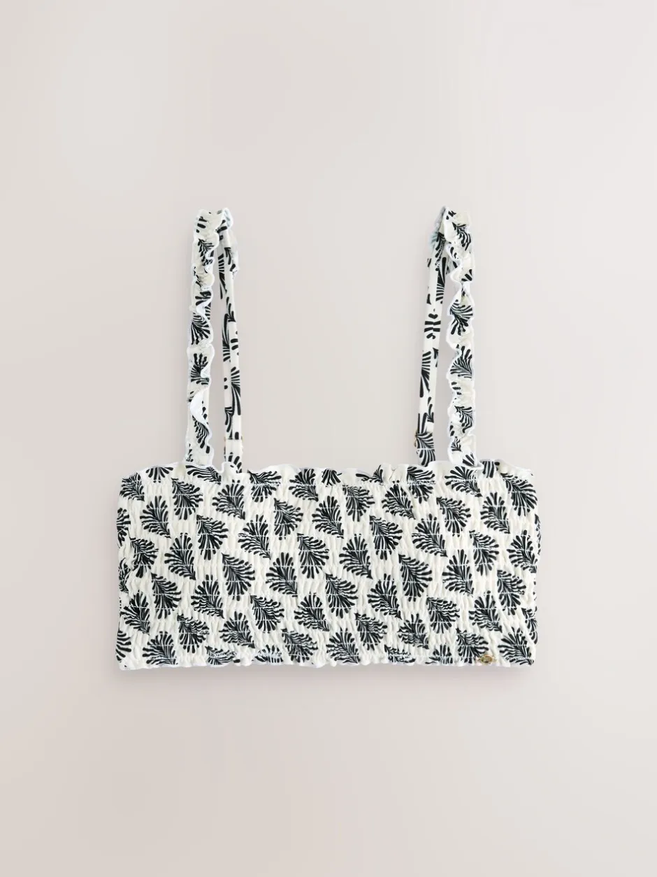 Badkleding|Next - Gesmokte bandeaubikinitop Crème/Zwart Waaierprint