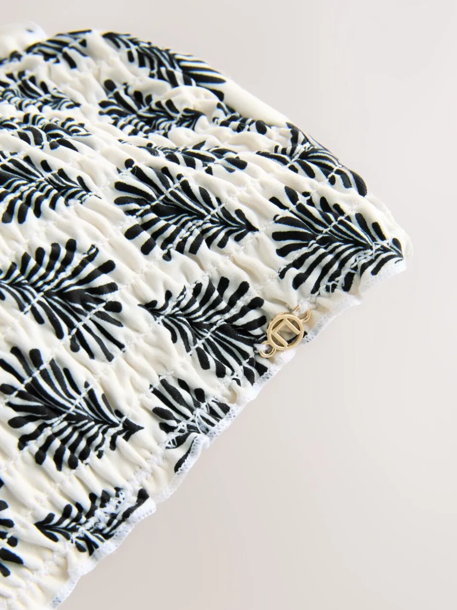 Badkleding|Next - Gesmokte bandeaubikinitop Crème/Zwart Waaierprint