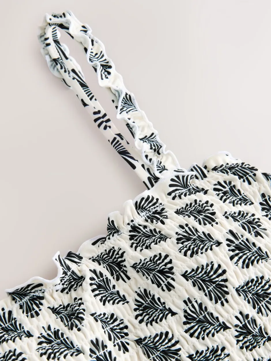 Badkleding|Next - Gesmokte bandeaubikinitop Crème/Zwart Waaierprint
