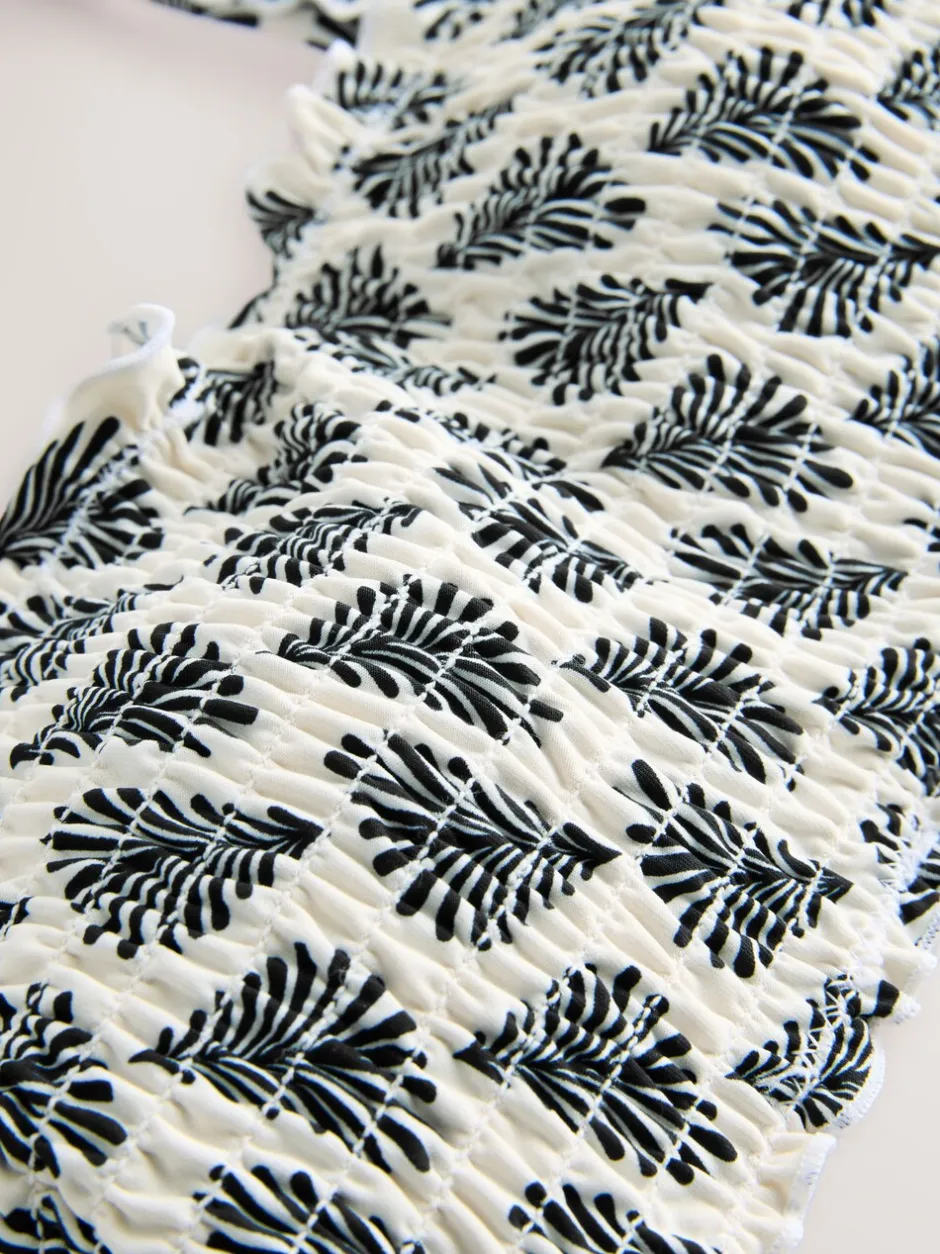 Badkleding|Next - Gesmokte bandeaubikinitop Crème/Zwart Waaierprint