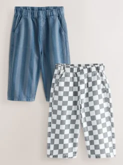 Multipacks|Broeken En Chino's|Next Dambordmotief/Blauwe Strepen - Set van 2 wijde broeken met elastische taille (3mnd-7jr)