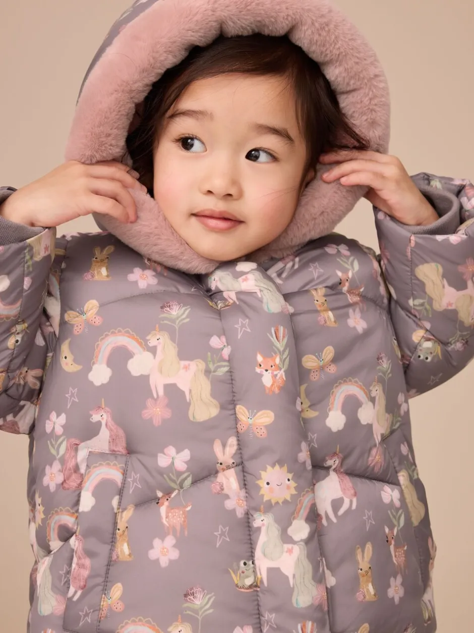 Jassen, Jacks En Kinderwagenpakjes|Jassen En Jacks|Next - Regenbestendige gewatteerde jas met imitatiebont afwerking (3mnd-7jr) Damson Unicorn