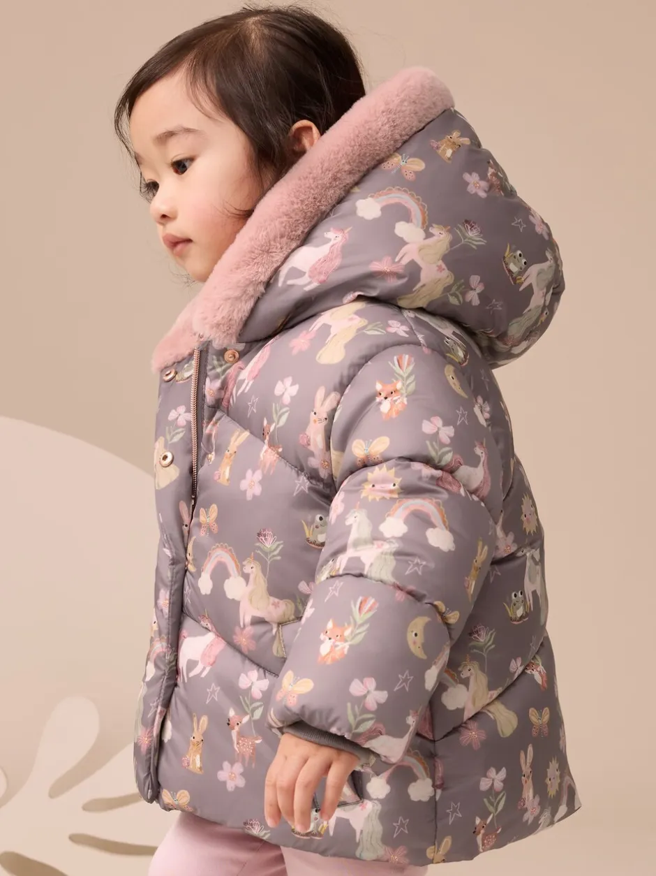 Jassen, Jacks En Kinderwagenpakjes|Jassen En Jacks|Next - Regenbestendige gewatteerde jas met imitatiebont afwerking (3mnd-7jr) Damson Unicorn