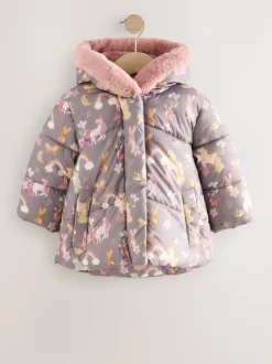 Jassen, Jacks En Kinderwagenpakjes|Jassen En Jacks|Next - Regenbestendige gewatteerde jas met imitatiebont afwerking (3mnd-7jr) Damson Unicorn