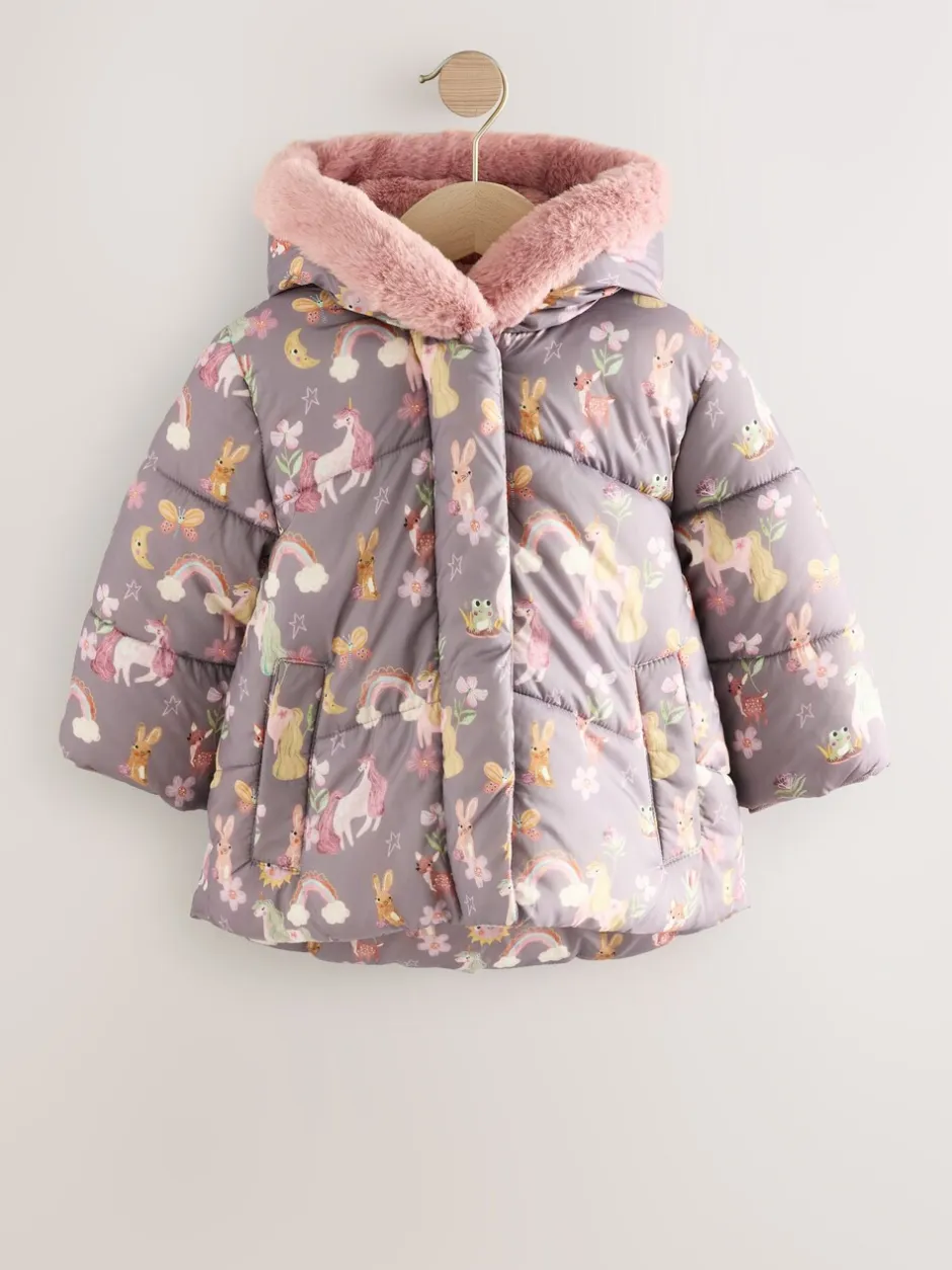 Jassen, Jacks En Kinderwagenpakjes|Jassen En Jacks|Next - Regenbestendige gewatteerde jas met imitatiebont afwerking (3mnd-7jr) Damson Unicorn