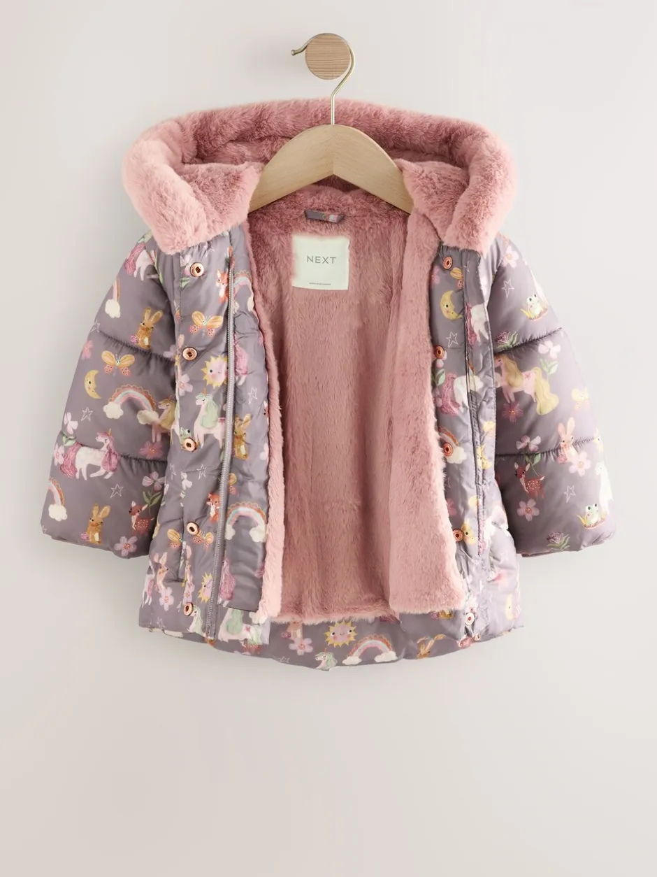 Jassen, Jacks En Kinderwagenpakjes|Jassen En Jacks|Next - Regenbestendige gewatteerde jas met imitatiebont afwerking (3mnd-7jr) Damson Unicorn