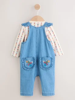 Rompertjes En Tuinbroeken|Tuinbroeken|Next - Set van bretelbroek en bodysuit met lange mouwen 2 -delig (0mnd -3jr) Denim met borduursel