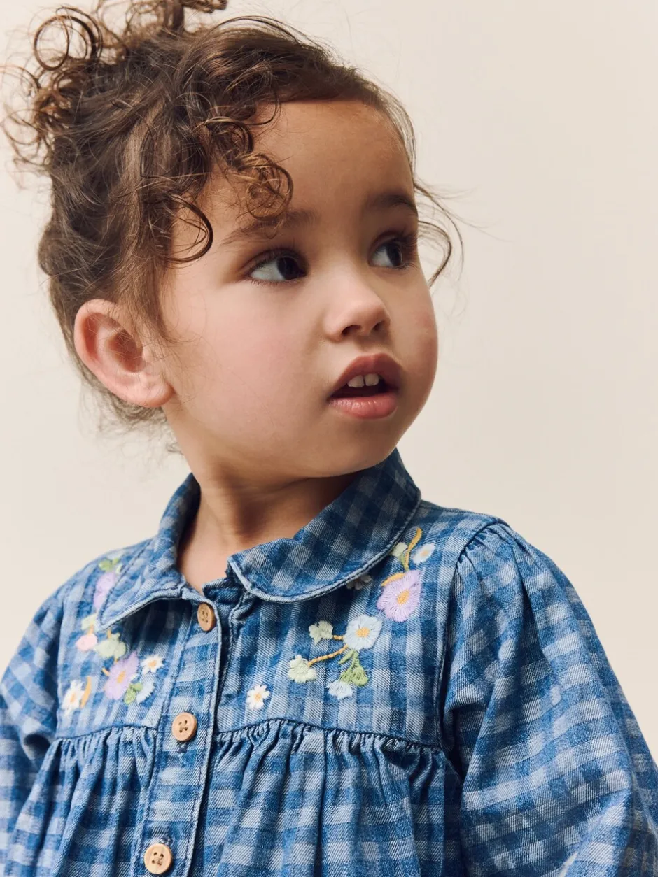 Jurken|Jurken|Next - Jurkje met kraag en lange mouwen (3mnd-8jr) Denim met ruit en borduursel