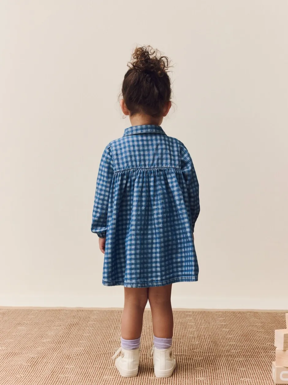 Jurken|Jurken|Next - Jurkje met kraag en lange mouwen (3mnd-8jr) Denim met ruit en borduursel