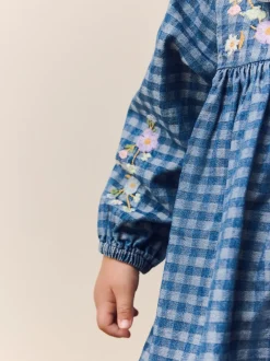 Jurken|Jurken|Next - Jurkje met kraag en lange mouwen (3mnd-8jr) Denim met ruit en borduursel