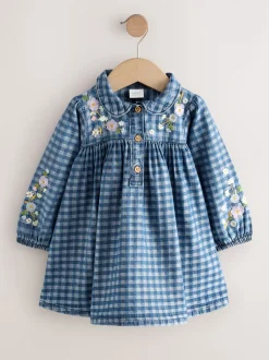 Jurken|Jurken|Next - Jurkje met kraag en lange mouwen (3mnd-8jr) Denim met ruit en borduursel
