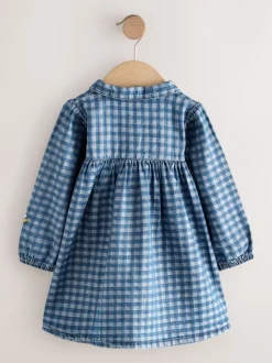 Jurken|Jurken|Next - Jurkje met kraag en lange mouwen (3mnd-8jr) Denim met ruit en borduursel