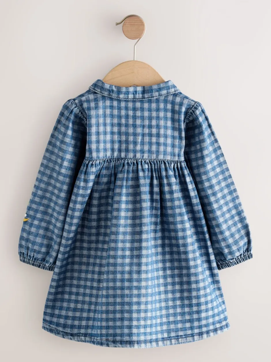 Jurken|Jurken|Next - Jurkje met kraag en lange mouwen (3mnd-8jr) Denim met ruit en borduursel