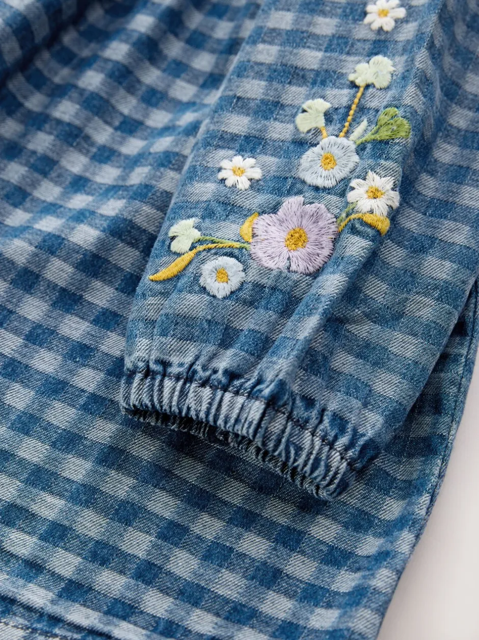 Jurken|Jurken|Next - Jurkje met kraag en lange mouwen (3mnd-8jr) Denim met ruit en borduursel