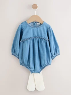 Rompertjes En Tuinbroeken|Babypakjes En Babypyjama's*Next Denimblauw - Babyrompers met bloemenprint Set 2 -delig met maillot (0mnd -3jr)