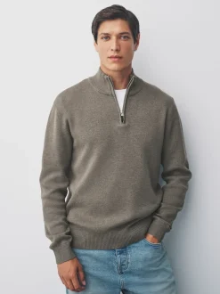 Gebreide Kleding|Next Donker kiezelkleurig - Effen - Regular fit 100% katoenen premium trui met korte rits