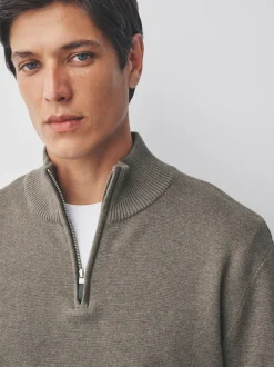 Gebreide Kleding|Next Donker kiezelkleurig - Effen - Regular fit 100% katoenen premium trui met korte rits