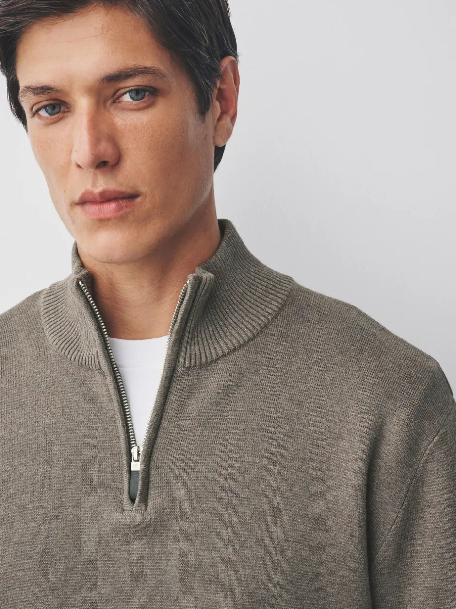 Gebreide Kleding|Next Donker kiezelkleurig - Effen - Regular fit 100% katoenen premium trui met korte rits